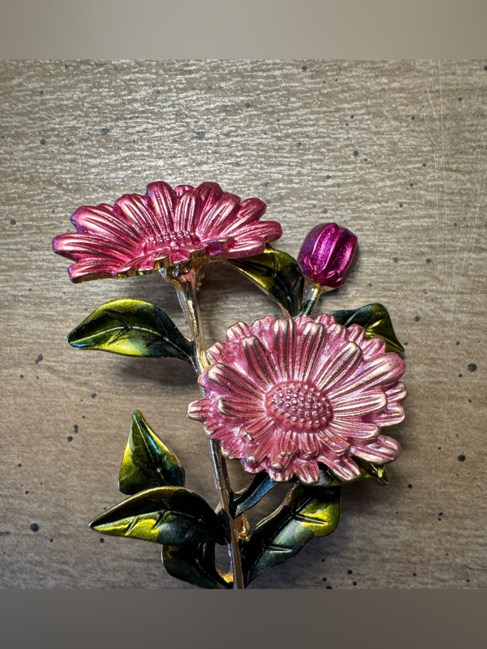 Pink Floral Metal Brooch with Green Leaves